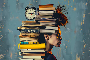 Tired woman with a stack of books, chaos of papers and clock on his head, concept of time...