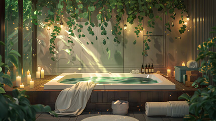 Serene Home Spa Illustration with Bath, Candles, and Eucalyptus Leaves for Ultimate Relaxation and Pampering