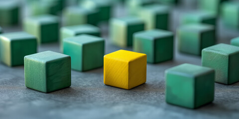 Highlighting the Outlier: Yellow Block Among Green Blocks, Emphasizing Uniqueness
