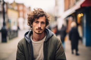 Fototapeta premium Portrait of a handsome young man with curly hair in the city