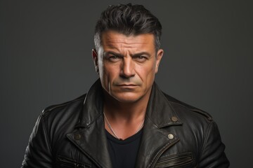 Obraz premium Portrait of a serious mature man in leather jacket over grey background.