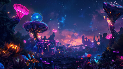 a festival on an alien planet with strange creatures and glowing neon lights, vibrant and fantastical scene