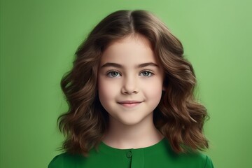 Fototapeta premium Portrait of beautiful little girl with long curly hair on green background