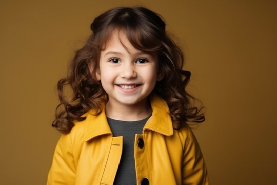 Portrait of a cute little girl in yellow jacket over brown background