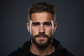 Fototapeta premium Portrait of handsome young man with beard and mustache on grey background