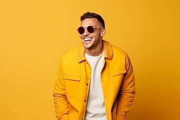 Obraz premium Portrait of a handsome young man in yellow jacket and sunglasses over yellow background