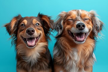 Fototapeta premium Cheerful Banner: Smiling Dogs with Closed Eyes on Bright Blue Background