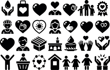 Charity & Volunteering related concept such as Heart, helping hand, donation box & many more editable stroke outline icons isolated on white background flat vector illustration