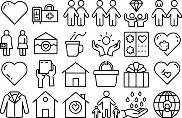 Charity & Volunteering related concept such as Heart, helping hand, donation box & many more editable stroke outline icons isolated on white background flat vector illustration