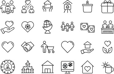 Charity & Volunteering related concept such as Heart, helping hand, donation box & many more editable stroke outline icons isolated on white background flat vector illustration