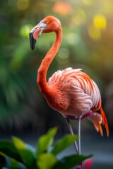 Fototapeta premium Pink Flamingo Standing On One Leg In Lush Green Foliage