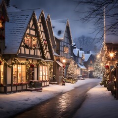 Beautiful christmas lights in a snowy street of the old town