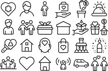 Charity & Volunteering related concept such as Heart, helping hand, donation box & many more editable stroke outline icons isolated on white background flat vector illustration