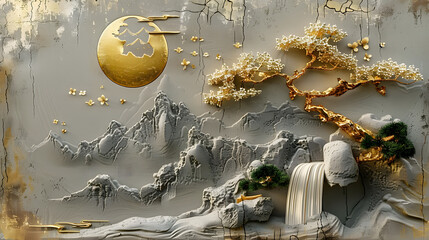 Volumetric stucco molding on a concrete wall with golden elements, Japanese landscape, waterfall, mountains, sakura.
