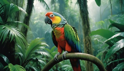 Obraz premium A vibrant parrot perched amidst the dense rainforest, echoing calls of the wild. 