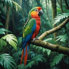 Obraz premium A vibrant parrot perched amidst the dense rainforest, echoing calls of the wild. 
