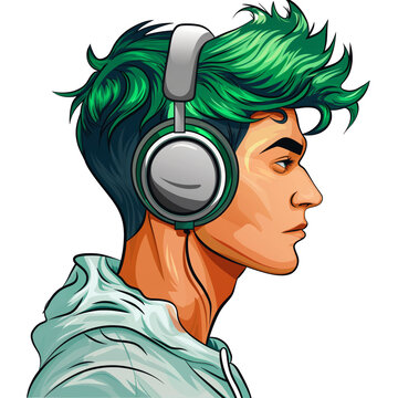 recommend clip art: young latino man with green hair wearing headphones . png . clip art . vector cartoon art style . remove background 