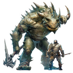 Digital art of a brave warrior ready to battle a colossal, fearsome monster, isolated with transparency