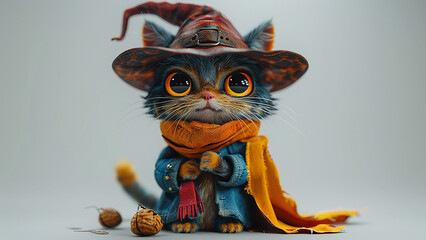 3d rendered cute wizard cat with wizard costume made with generative AI