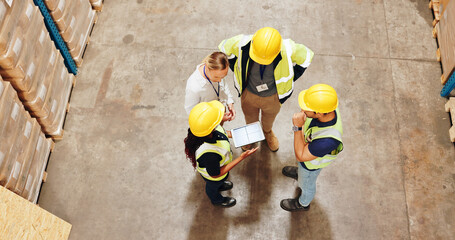 Employee, warehouse and above with tablet for teamwork, collaboration and planning. People,...