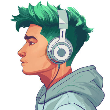 recommend clip art: young latino man with green hair wearing headphones . png . clip art . vector cartoon art style . remove background 