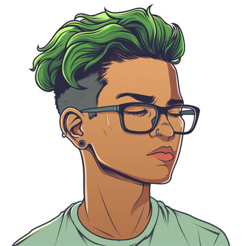 recommend clip art: young latino man with green hair wearing glasses . png . clip art . vector cartoon art style . remove background 