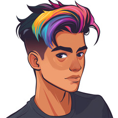 young latino man with rainbow hair . png . clip art . vector cartoon art style . remove background 