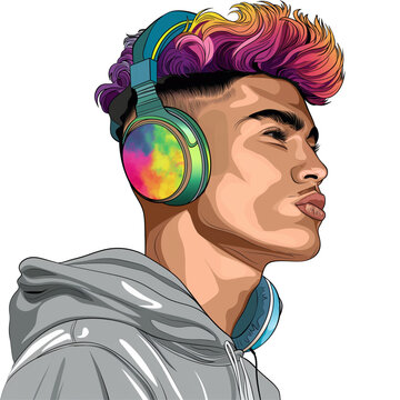 man wearing headphones, colorful hair, profile view clip art preview