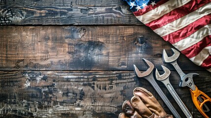 American Flag, Wrenches, Gloves on Wooden Surface Patriotic Labor Concept