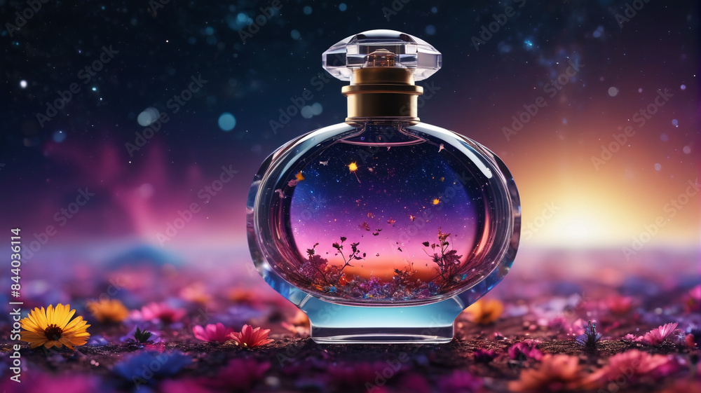 Wall mural A captivating perfume bottle against the vast expanse of the cosmos, reflecting the cosmic energy and mystery of its celestial-inspired scent, Generative AI