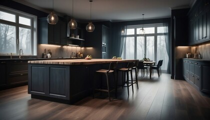 Kitchen interior in beautiful new luxury home with kitchen island and wooden floor, 
