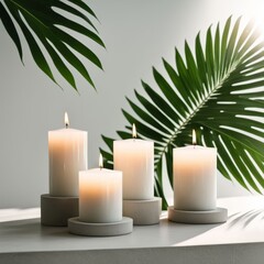 Set of burning candles on a gray background with green palm leaves.