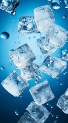 Multiple Ice Cubes Falling Through Water, Closeup, Blue Background