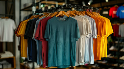 Obraz premium A collection of colorful t-shirts hanging for sale in a shop