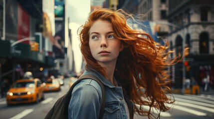 Um bela mulher ruiva de olhos claros olhando para a câmera