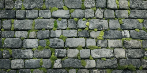 Obraz premium Grey Old Stone Pavement Top View, Granite Cobblestone Road, Green Moss, Wet Surface