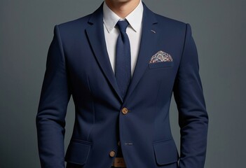 navy blue colored men's blazer jacket design example, on a lifeless mannequin
