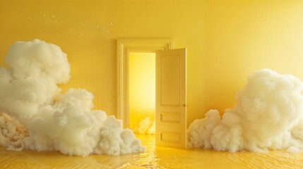 Dreamy yellow room with a cloud and a door, providing a calming and imaginative space
