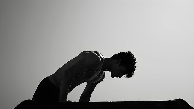 Person in black workout clothes doing tricep dips outside on parallel bars, minimalist setting.
