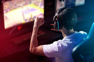 Man, computer screen and excited gamer with headphones, celebration and esports achievement from back. Content creator, influencer or streamer with headset for online win, video game or night at home © FrameFlex/peopleimages.com
