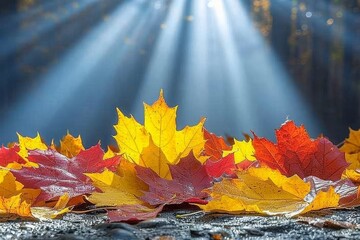 Colorful Autumn Leaves Illuminated by Sunlight in Forest