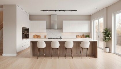 Kitchen interior in beautiful new luxury home with kitchen island and wooden floor, 
