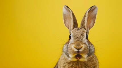 Fototapeta premium Studio headshot portrait of a surprised rabbit against a bright color studio banner with empty copyspace