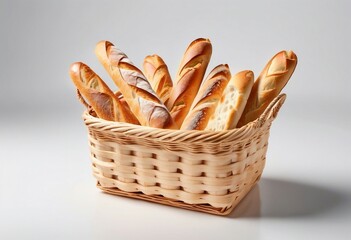 A wooden basket showcasing an assortment of freshly baked French baguettes, their crusty exteriors and soft, airy interiors on display.
