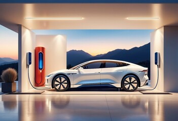 electric vehicle charging in modern luxury villa garage, future concept, bright colors, high...