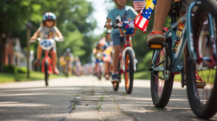Colorful bikes adorned with streamers and balloons ride through a vibrant neighborhood in a parade.