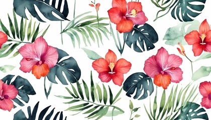 Watercolor orchid hibiscus, monstera leaves generative AI illustration 