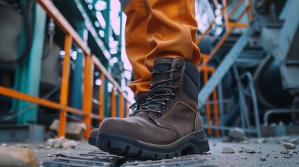 Worker wearing protective shoes at a construction site, showcasing working safety boots for protection against accidents in a factory