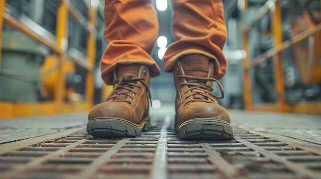 Worker wearing protective shoes at a construction site, showcasing working safety boots for protection against accidents in a factory
