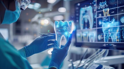 A dentist is seen interacting with an advanced interface displaying teeth holograms and data.